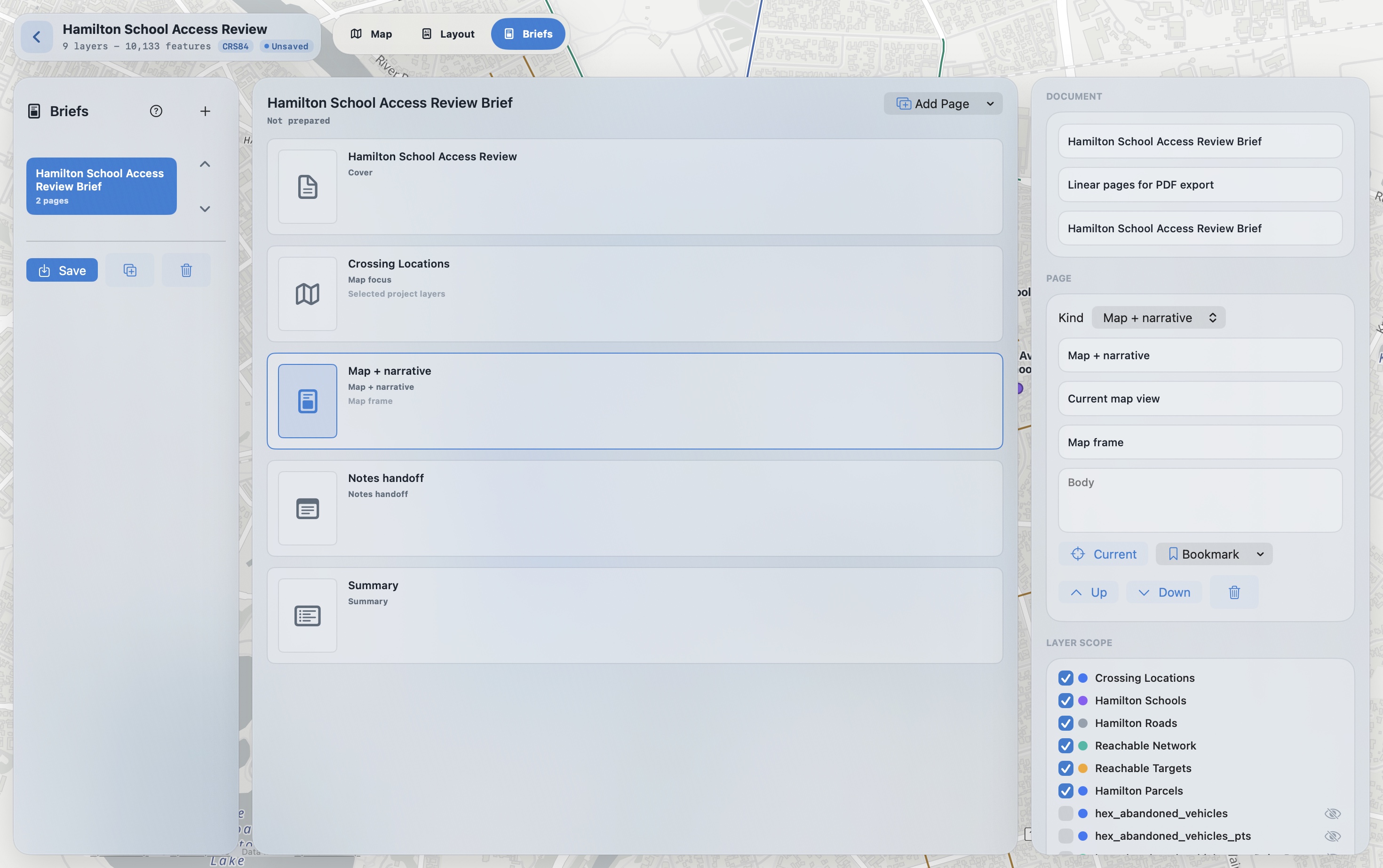 Meridian on Mac with the Briefs workspace open: a saved brief at left, cover, map focus, map and narrative, notes handoff, and summary pages in the workbench, plus page settings and layer scope in the inspector.
