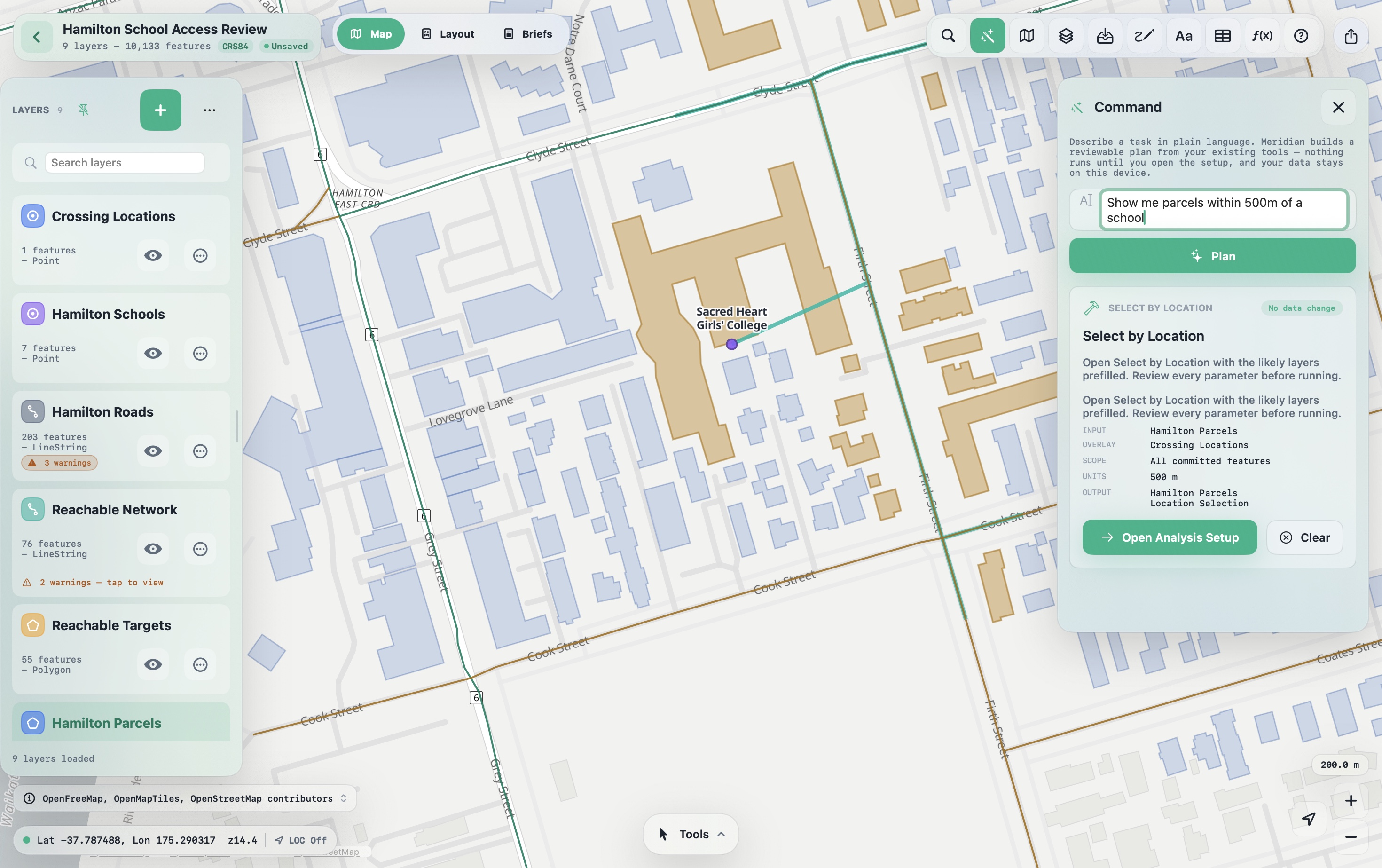 Meridian on Mac with Command Planner open: a request for parcels within 500 metres of a school has produced a reviewable Select by Location plan with prefilled input, overlay, scope, units, output, and data-change status.