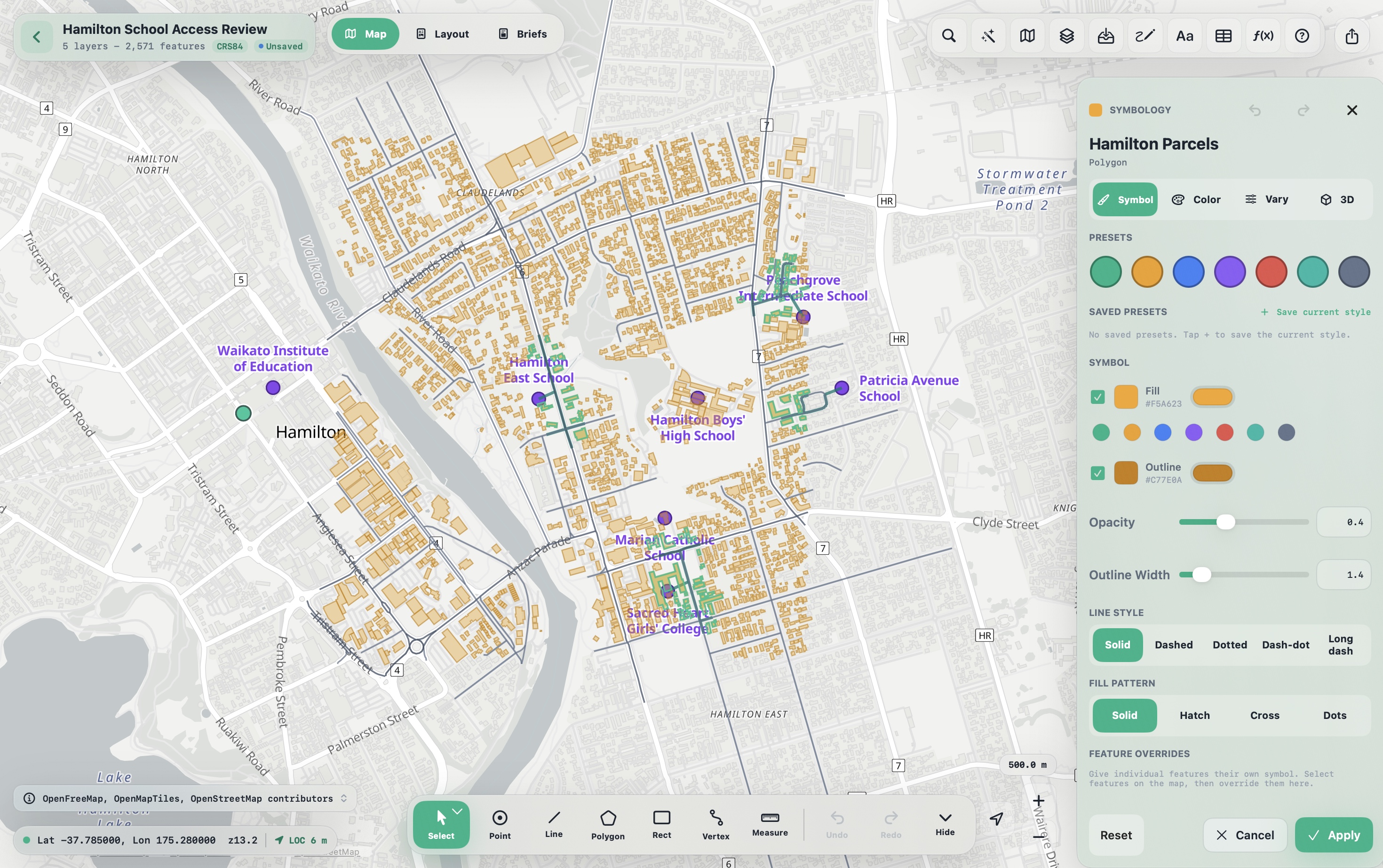 Meridian on Mac with the Hamilton Parcels symbology editor open, showing color presets, fill and outline controls, opacity, line styles, and fill patterns updating the styled map behind it.