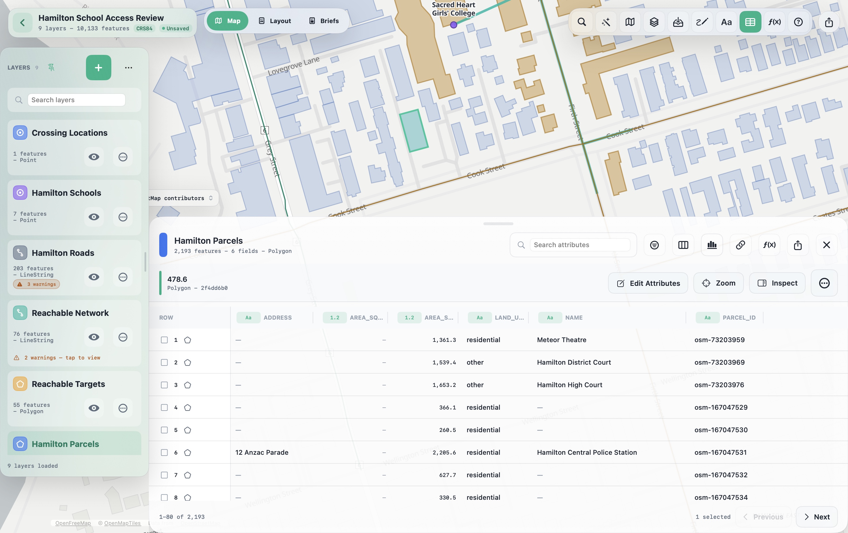Meridian on Mac with the Hamilton Parcels attribute table open below the map, showing a linked map selection, typed columns, attribute search, editing, inspection, field calculation, and paging controls.